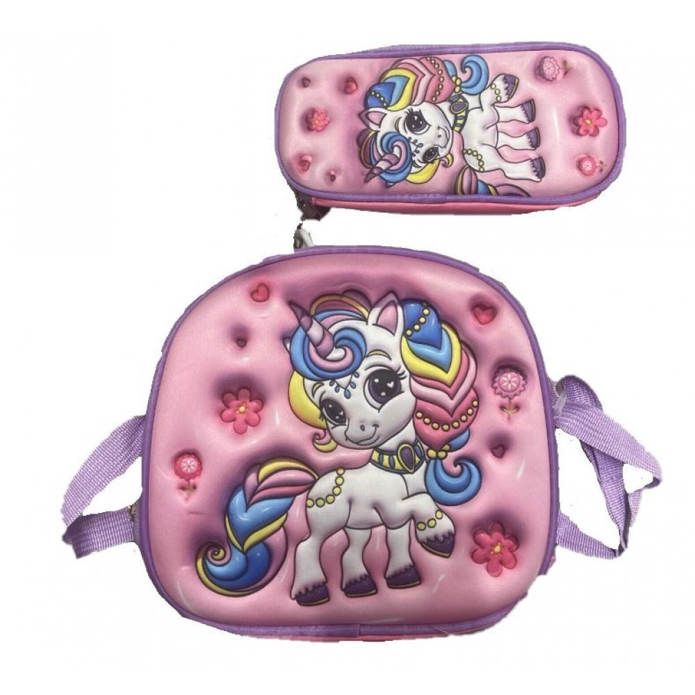 Set Ghiozdan Troler rezistent, cu luminite, Roti din silicon 41x30x18 cm, cu geanta si penar, Baby Unicorn, DNZ6