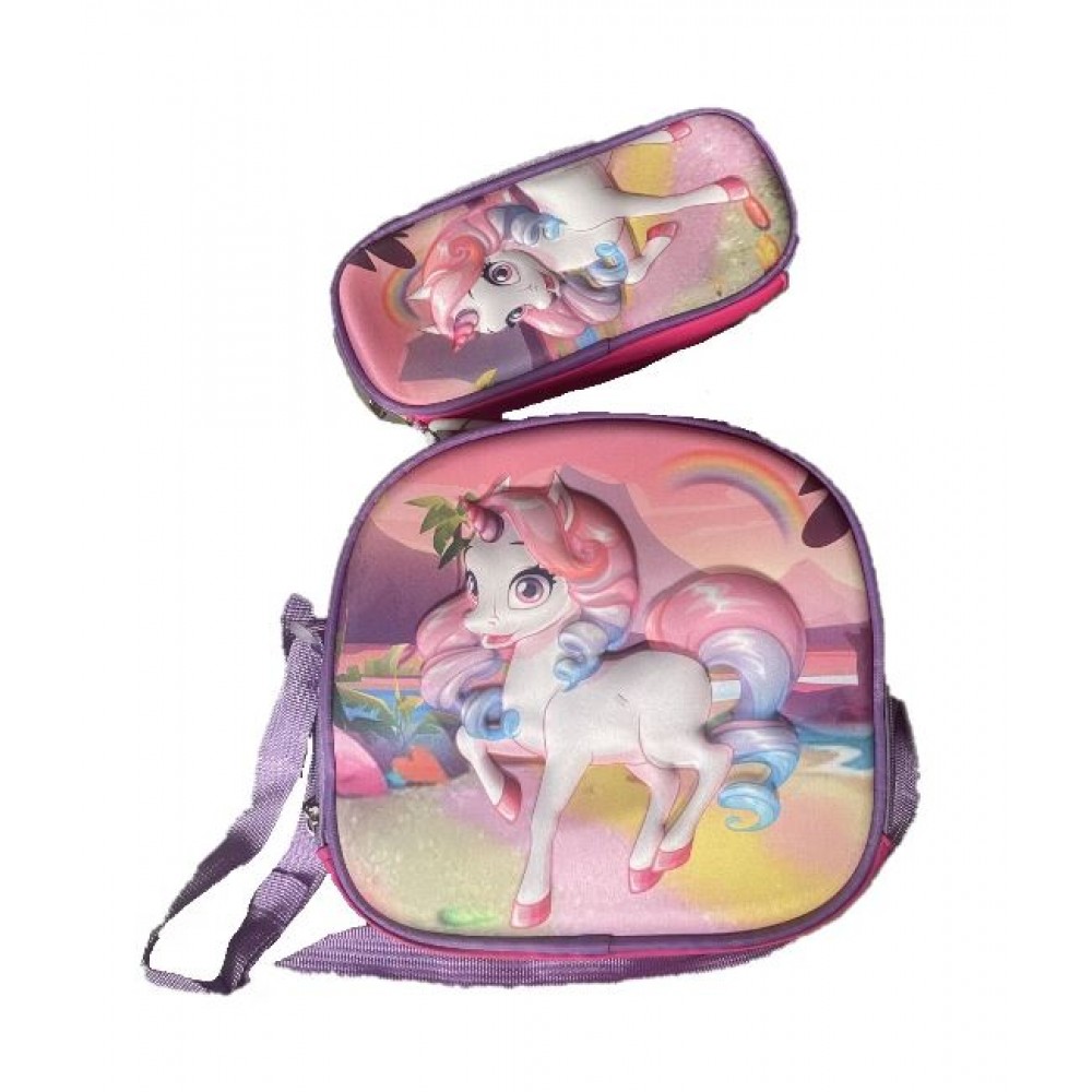 Set Ghiozdan Troler rezistent, cu luminite, Roti din silicon 41x30x18 cm, cu geanta si penar, Roz, Model Unicorn, DNZ7