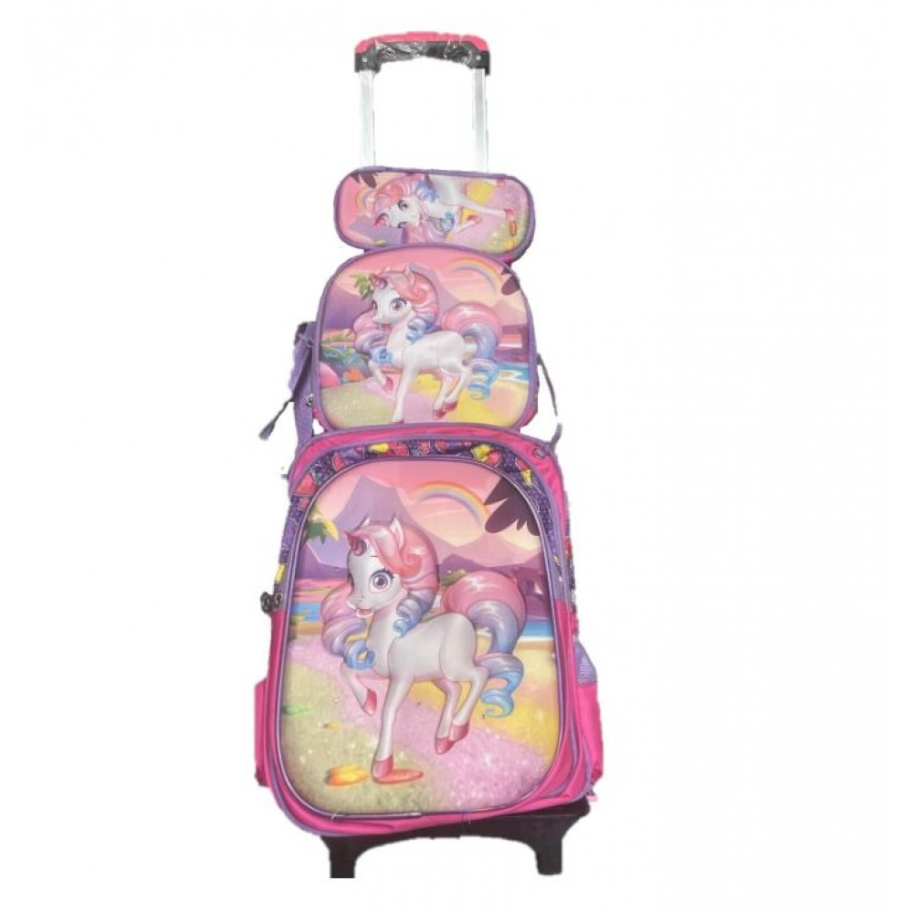 Set Ghiozdan Troler rezistent, cu luminite, Roti din silicon 41x30x18 cm, cu geanta si penar, Roz, Model Unicorn, DNZ7