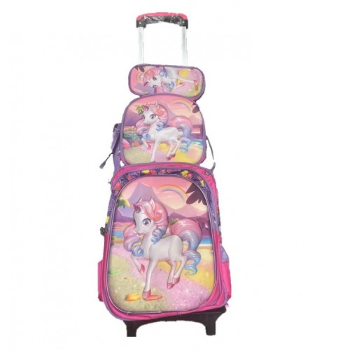 Set Ghiozdan Troler rezistent, cu luminite, Roti din silicon 41x30x18 cm, cu geanta si penar, Roz, Model Unicorn, DNZ7