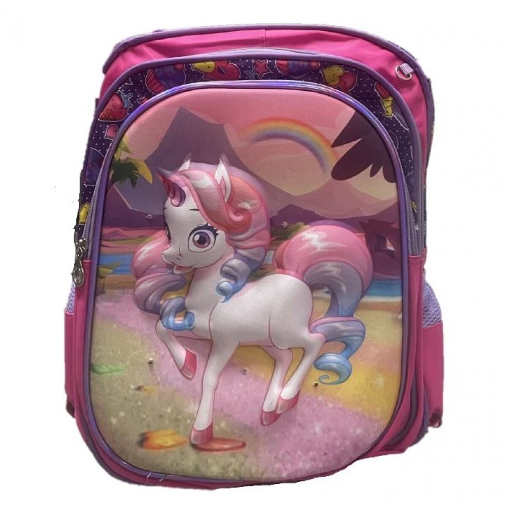 Set Ghiozdan Troler rezistent, cu luminite, Roti din silicon 41x30x18 cm, cu geanta si penar, Roz, Model Unicorn, DNZ7