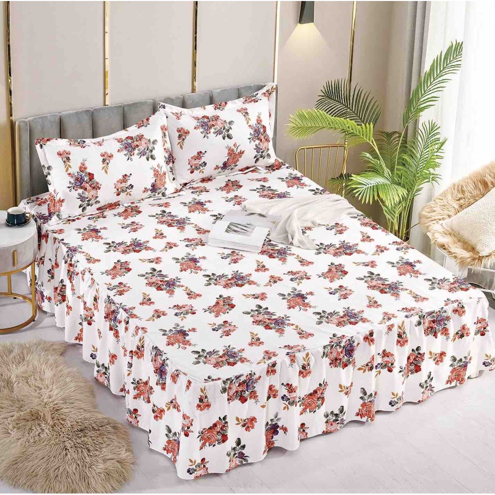 Husa de pat dublu, cu volanase, imprimeu Floral, 3 piese, 2 persoane, Finet, 250x270cm-JO-01
