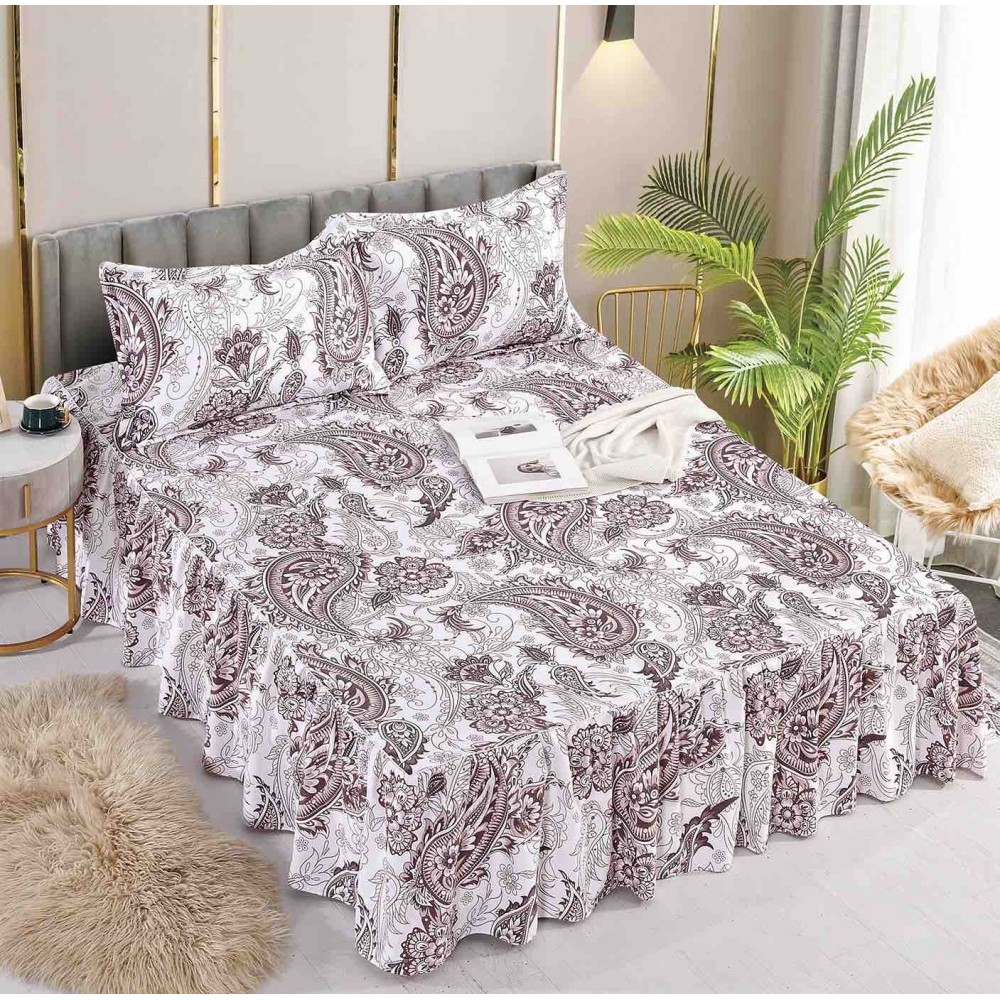 Husa de pat dublu, cu volanase, imprimeu Buchet de Flori, 3 piese, 2 persoane, Finet, 250x270cm-JO-02