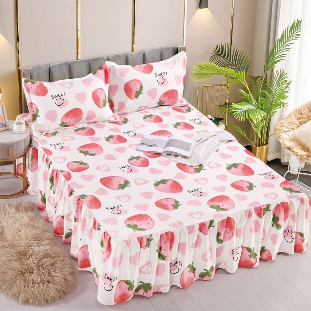 Husa de pat dublu, cu volanase, 3 piese, 2 persoane, Finet, imprimeu Capsuni,250x270cm-JO-09