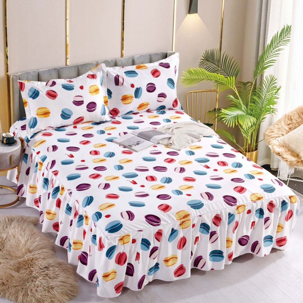 Husa de pat dublu, cu volanase, 3 piese, 2 persoane, Finet,imprimeu Macarons, 250x270cm-JO-13
