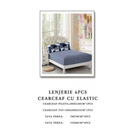Set Lenjerie Eleganta 6 piese cu elastic din Bumbac Finet, Cearceaf de pat 180x200cm, Pat 2 Persoane, B6037