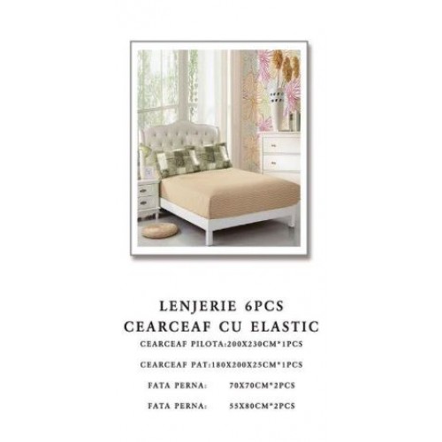 Set Lenjerie Eleganta 6 piese cu elastic din Bumbac Finet, Cearceaf de pat 180x200cm, Pat 2 Persoane, B6038