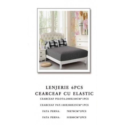 Set Lenjerie Eleganta 6 piese cu elastic din Bumbac Finet, Cearceaf de pat 180x200cm, Pat 2 Persoane, B6035
