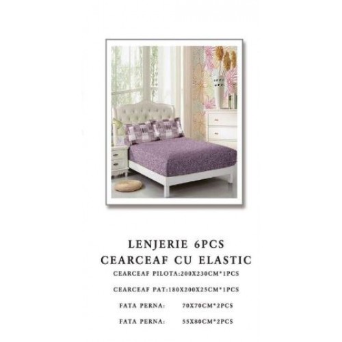 Set Lenjerie Eleganta 6 piese cu elastic din Bumbac Finet, Cearceaf de pat 180x200cm, Pat 2 Persoane, B6039