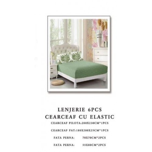Set Lenjerie Eleganta 6 piese cu elastic din Bumbac Finet, Cearceaf de pat 180x200cm, Pat 2 Persoane, B6042