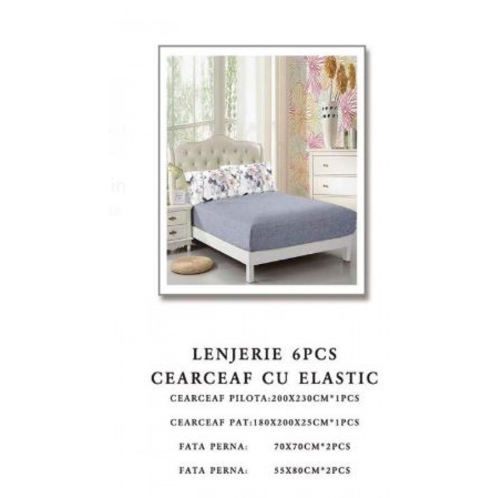 Set Lenjerie Eleganta 6 piese cu elastic din Bumbac Finet, Cearceaf de pat 180x200cm, Pat 2 Persoane, B6043