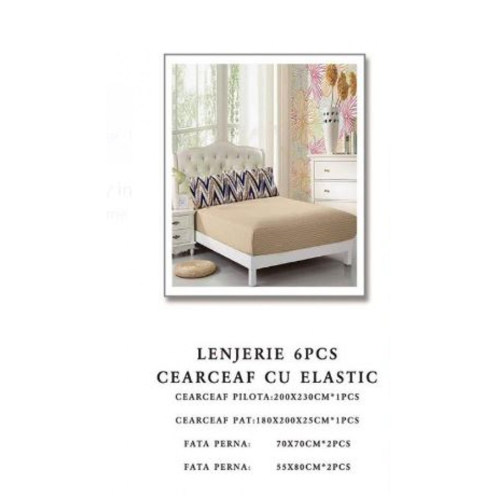 Set Lenjerie Eleganta 6 piese cu elastic din Bumbac Finet, Cearceaf de pat 180x200cm, Pat 2 Persoane, B6040
