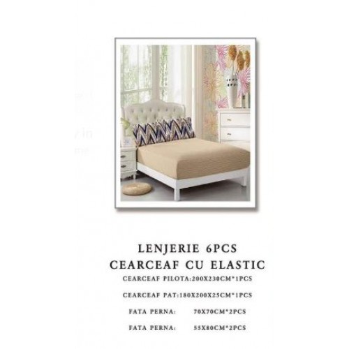 Set Lenjerie Eleganta 6 piese cu elastic din Bumbac Finet, Cearceaf de pat 180x200cm, Pat 2 Persoane, B6040