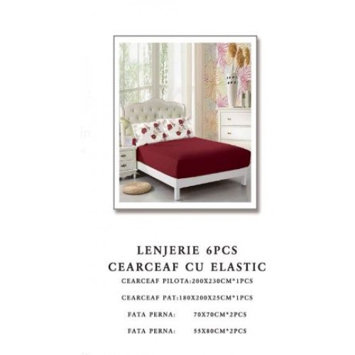Set Lenjerie Eleganta 6 piese cu elastic din Bumbac Finet, Cearceaf de pat 180x200cm, Pat 2 Persoane, B6056