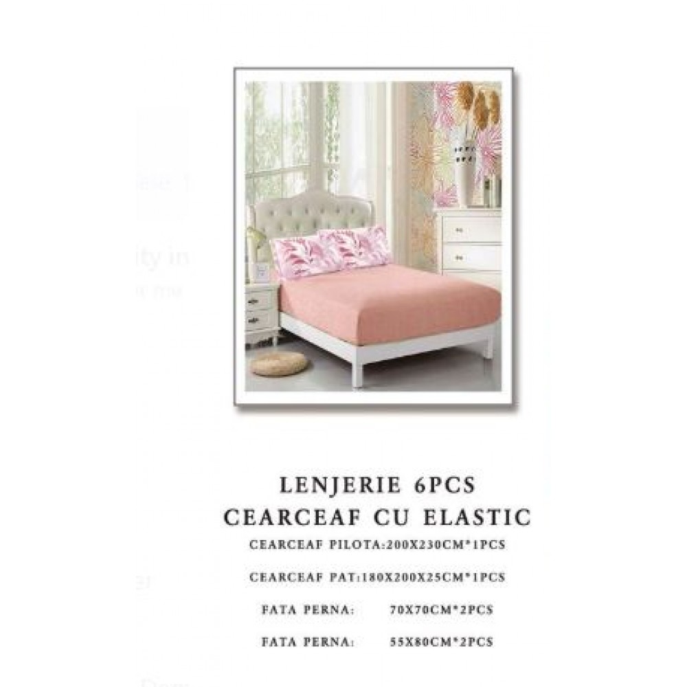 Set Lenjerie Eleganta 6 piese cu elastic din Bumbac Finet, Cearceaf de pat 180x200cm, Pat 2 Persoane, B6053