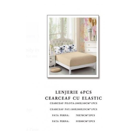 Set Lenjerie Eleganta 6 piese cu elastic din Bumbac Finet, Cearceaf de pat 180x200cm, Pat 2 Persoane, B6051