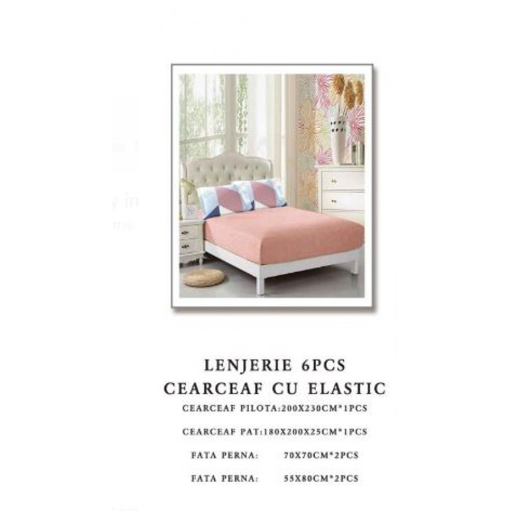 Set Lenjerie Eleganta 6 piese cu elastic din Bumbac Finet, Cearceaf de pat 180x200cm, Pat 2 Persoane, B6052