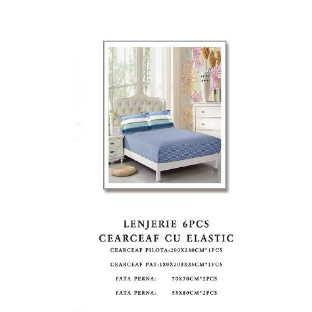Set Lenjerie Eleganta 6 piese cu elastic din Bumbac Finet, Cearceaf de pat 180x200cm, Pat 2 Persoane, B6047