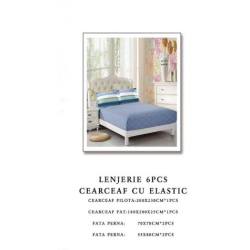 Set Lenjerie Eleganta 6 piese cu elastic din Bumbac Finet, Cearceaf de pat 180x200cm, Pat 2 Persoane, B6047
