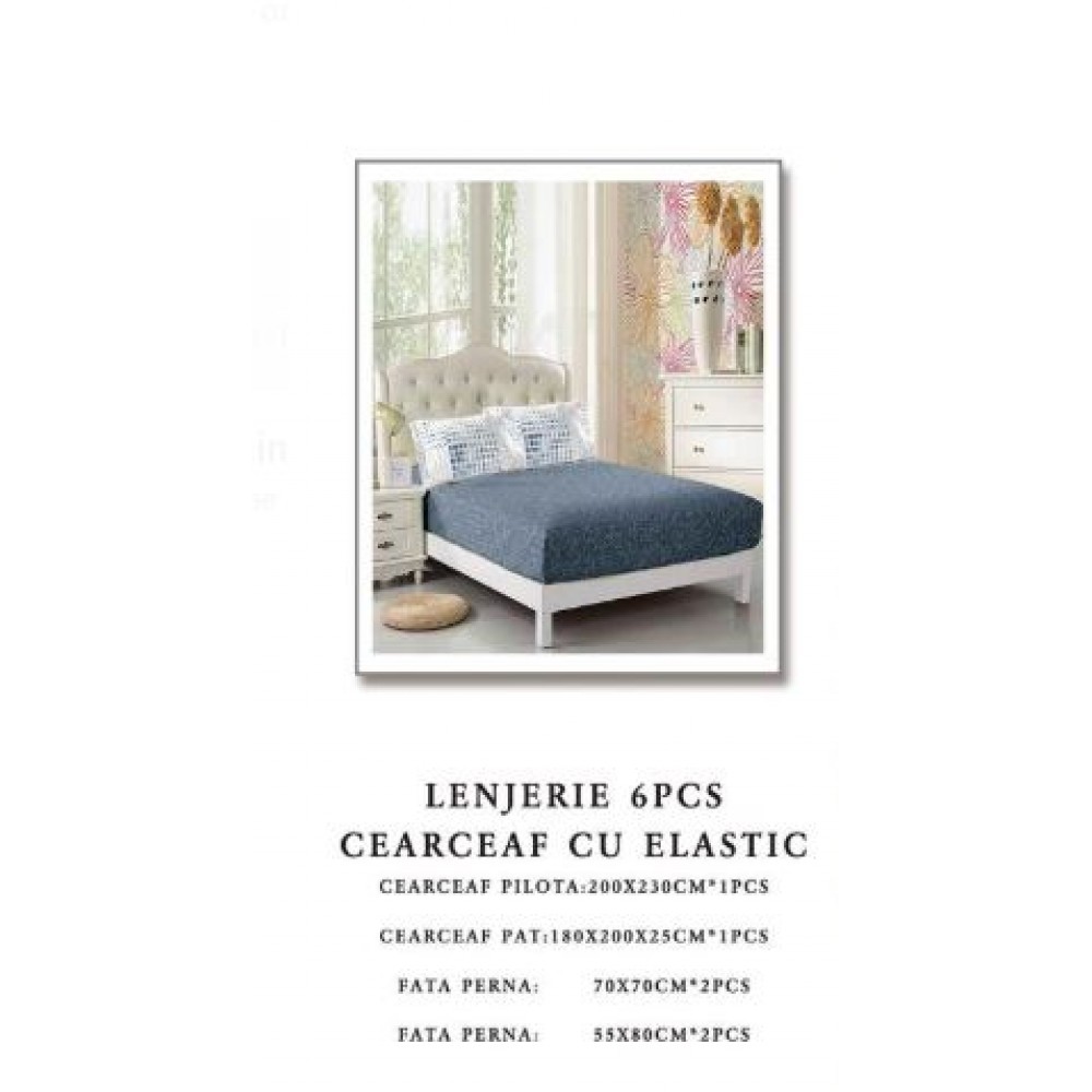 Set Lenjerie Eleganta 6 piese cu elastic din Bumbac Finet, Cearceaf de pat 180x200cm, Pat 2 Persoane, B6058