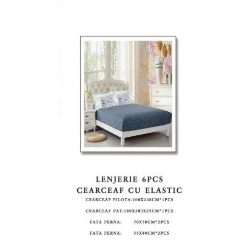 Set Lenjerie Eleganta 6 piese cu elastic din Bumbac Finet, Cearceaf de pat 180x200cm, Pat 2 Persoane, B6058