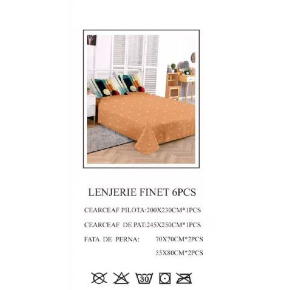 Set Lenjerie Eleganta 6 piese din Bumbac Finet, Cearceaf de pat 245x250cm, Pat 2 Persoane, SEP-824