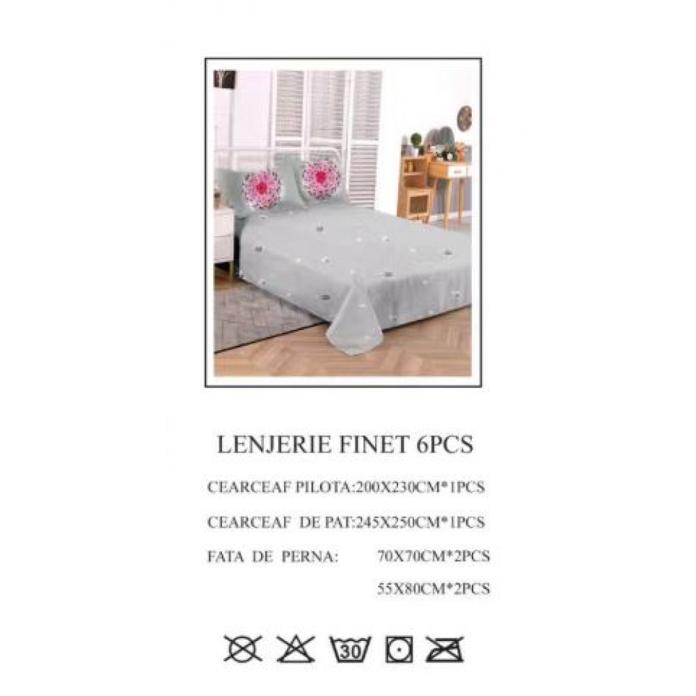 Set Lenjerie Eleganta 6 piese din Bumbac Finet, Cearceaf de pat 245x250cm, Pat 2 Persoane, SEP-829