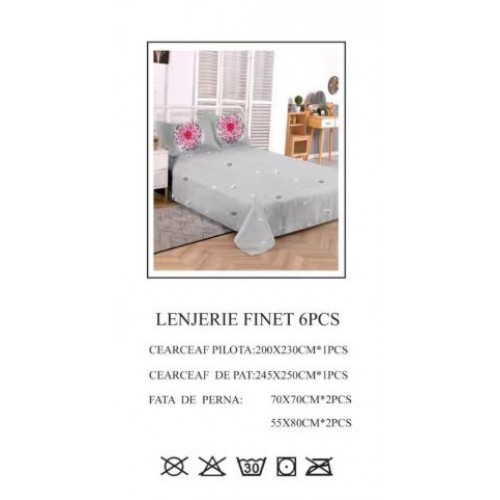 Set Lenjerie Eleganta 6 piese din Bumbac Finet, Cearceaf de pat 245x250cm, Pat 2 Persoane, SEP-829