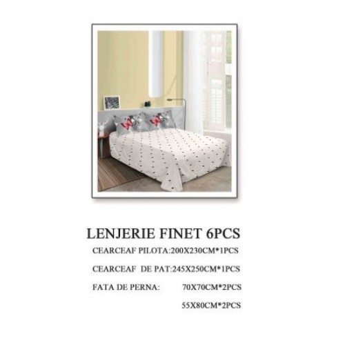 Set Lenjerie Eleganta 6 piese din Bumbac Finet, Cearceaf de pat 245x250cm, Pat 2 Persoane, SEP-324