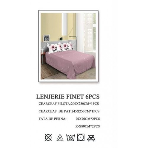 Set Lenjerie Eleganta 6 piese din Bumbac Finet, Cearceaf de pat 245x250cm, Pat 2 Persoane, SEP-523