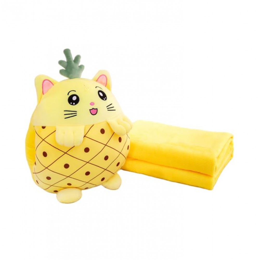 Jucarie de plus multifunctionala in forma de ananas 40 cm, Paturica pufoasa 155 x 100 cm si buzunare pentru maini, Galbena, CPP4