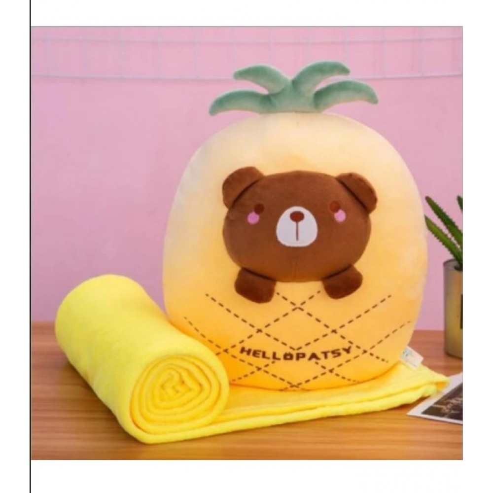 Jucarie de plus multifunctionala in forma de ANANAS URSULET 40 cm, Paturica pufoasa 155 x 100 cm si buzunare pentru maini, Galbena, CPP5