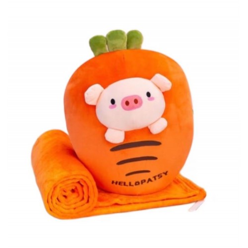 Jucarie de plus multifunctionala in forma de Porcusor 40 cm, Paturica pufoasa 155 x 100 cm si buzunare pentru maini, Portocaliu, CPP6