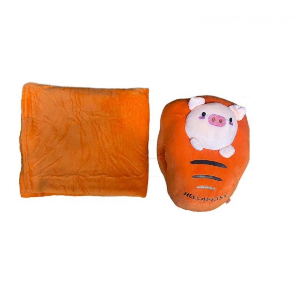 Jucarie de plus multifunctionala in forma de Porcusor 40 cm, Paturica pufoasa 155 x 100 cm si buzunare pentru maini, Portocaliu, CPP6