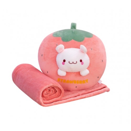 Jucarie de plus multifunctionala in forma Strawberry Cat 40 cm, Paturica pufoasa 155 x 100 cm si buzunare pentru maini, Maro, CPP10