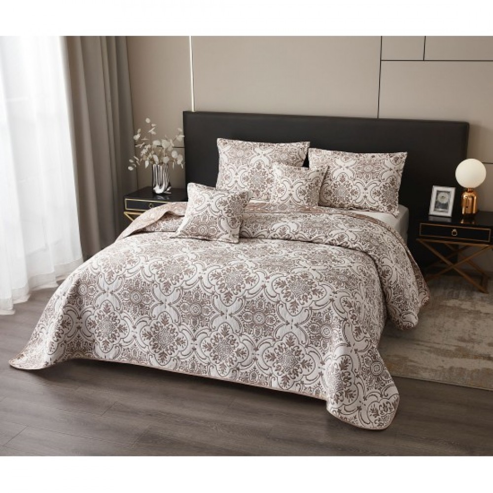 Cuvertură 5 Piese pat dublu din Bumbac Finet, 5 piese, Model frunze, cuvertura de pat 230x250cm, CVP6