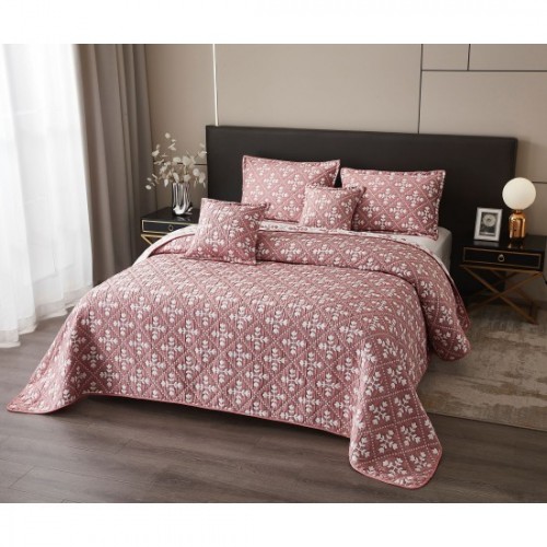 Cuvertură 5 Piese pat dublu din Bumbac Finet, 5 piese, Model frunze, cuvertura de pat 230x250cm, CVP7