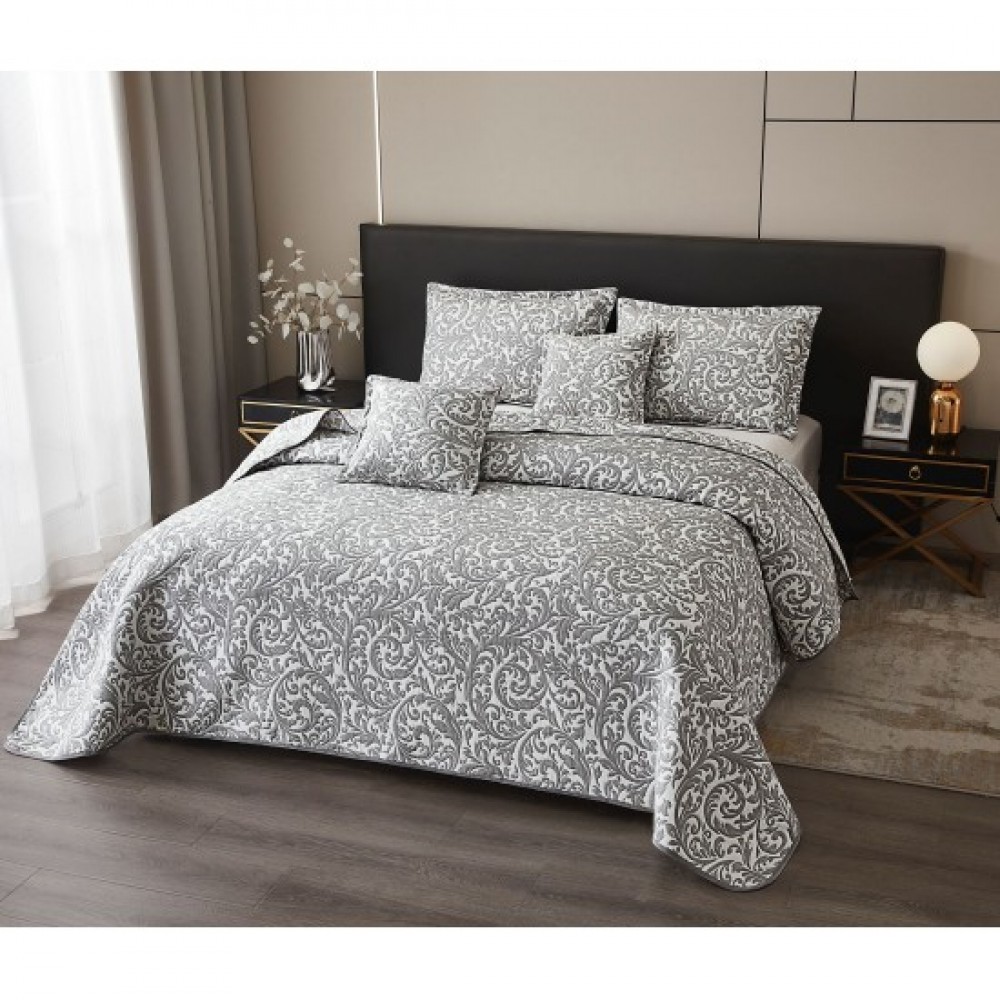 Cuvertură 5 Piese pat dublu din Bumbac Finet, 5 piese, Model frunze, cuvertura de pat 230x250cm, CVP8