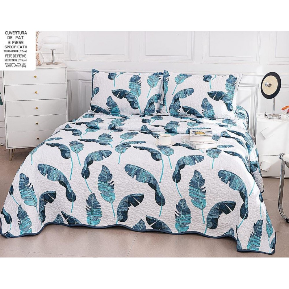 Cuvertura cu DOUĂ FEȚE pentru pat dublu din Bumbac Satinat cu model, Matlasata, 230x250cm, CVT2 Cuverturi matlasate 3 piese