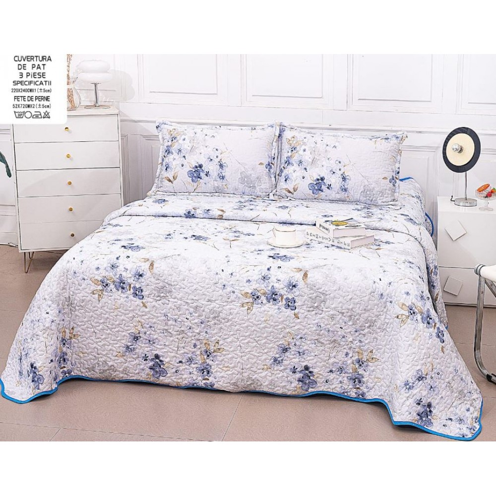 Cuvertura cu DOUĂ FEȚE pentru pat dublu din Bumbac Satinat cu model, Matlasata, 230x250cm, CVT3 Cuverturi matlasate 3 piese