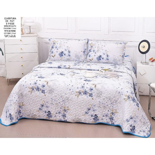 Cuvertura cu DOUĂ FEȚE pentru pat dublu din Bumbac Satinat cu model, Matlasata, 230x250cm, CVT3