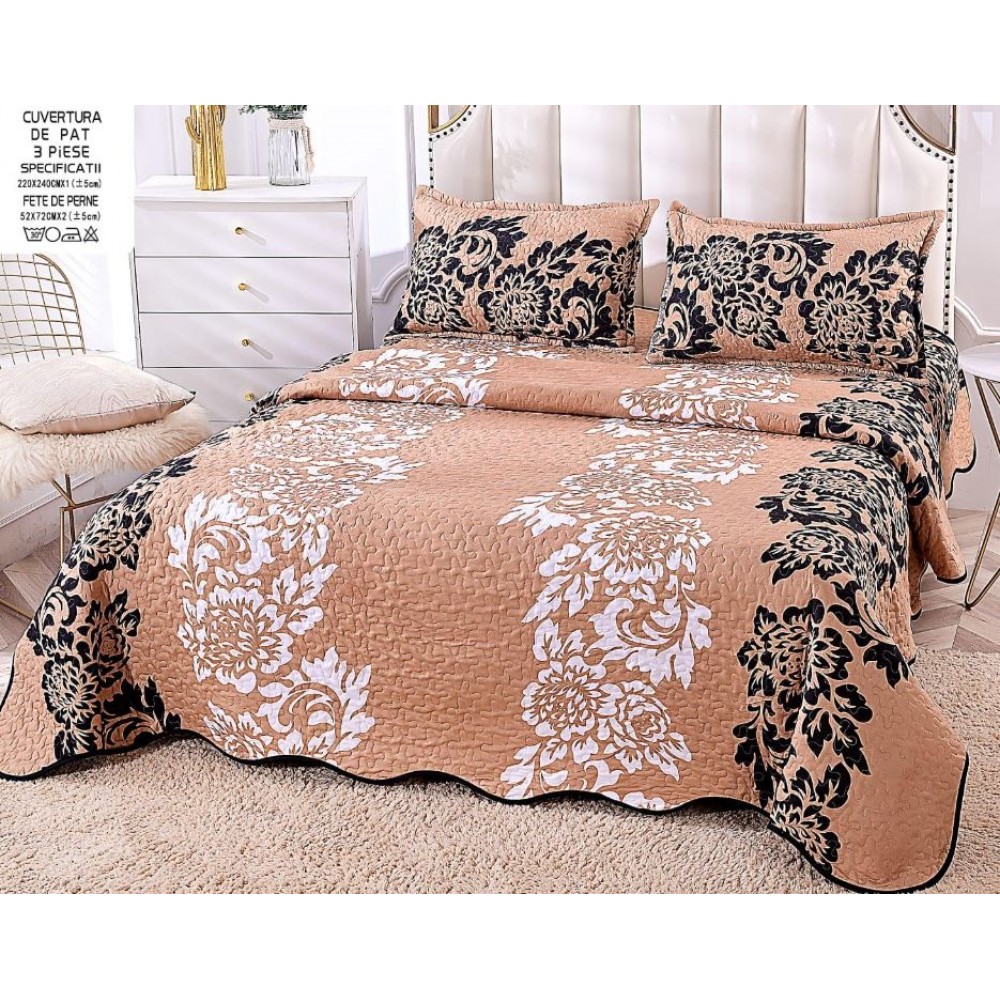 Cuvertura cu DOUĂ FEȚE pentru pat dublu din Bumbac Satinat cu model, Matlasata, 220x240cm, CVT7