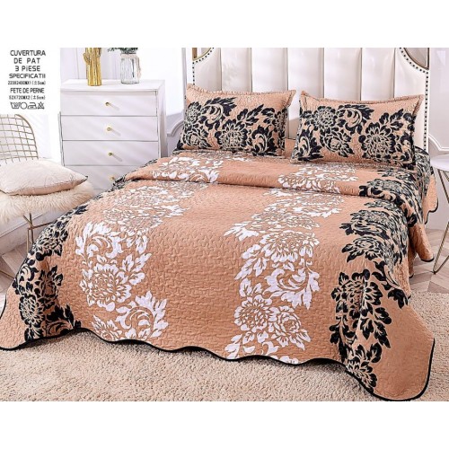 Cuvertura cu DOUĂ FEȚE pentru pat dublu din Bumbac Satinat cu model, Matlasata, 220x240cm, CVT7