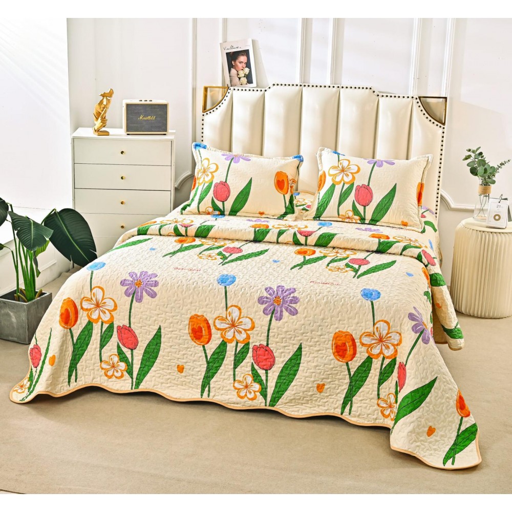 Cuvertura cu DOUĂ FEȚE pentru pat dublu din Bumbac Satinat cu model, Matlasata, 230x250cm, CVT46