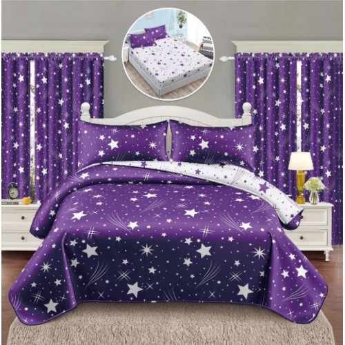 Set Lenjerie Eleganta si 2 Draperii pentru pat dublu din Bumbac Finet compusa din 6 piese, Cearceaf de pat cu elastic 140x200cm+25cm, NW1
