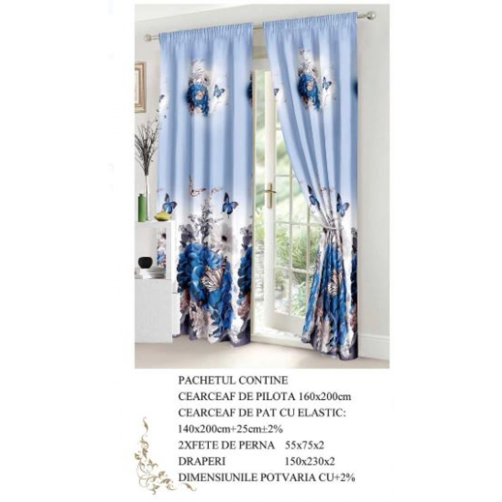Set Lenjerie Eleganta si 2 Draperii pentru pat dublu din Bumbac Finet compus din 6 piese, Cearceaf de pat cu elastic 140x200cm+25cm, NW2