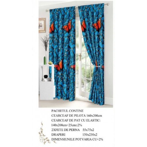 Set Lenjerie Eleganta si 2 Draperii pentru pat dublu din Bumbac Finet compus din 6 piese, Cearceaf de pat cu elastic 140x200cm+25cm, NW4