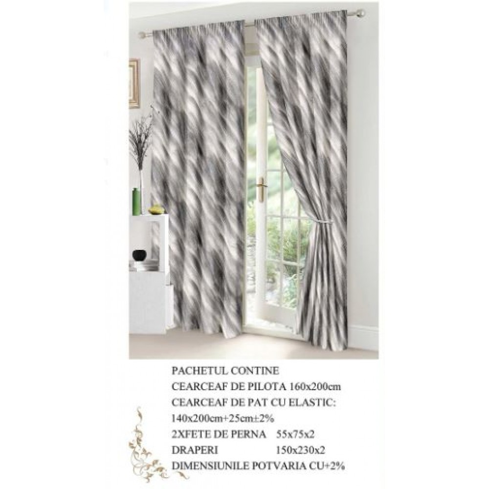 Set Lenjerie Eleganta si 2 Draperii pentru pat dublu din Bumbac Finet compus din 6 piese, Cearceaf de pat cu elastic 140x200cm+25cm, NW5