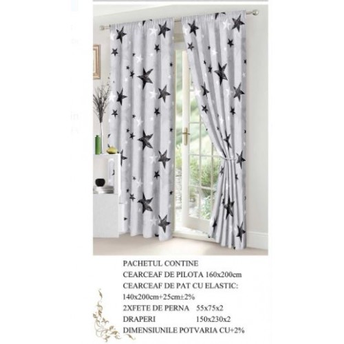 Set Lenjerie Eleganta si 2 Draperii pentru pat dublu din Bumbac Finet compus din 6 piese, Cearceaf de pat cu elastic 140x200cm+25cm, NW8