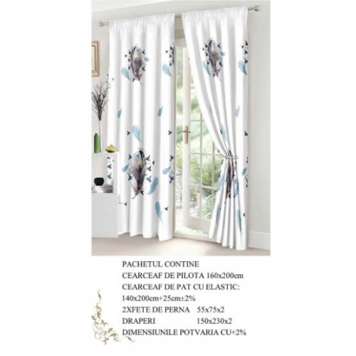 Set Lenjerie Eleganta si 2 Draperii pentru pat dublu din Bumbac Finet compus din 6 piese, Cearceaf de pat cu elastic 140x200cm+25cm, NW9